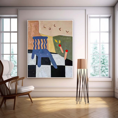 Colorful Abstract Oil Painting of a Chair with Geometric Elements for Modern Decor