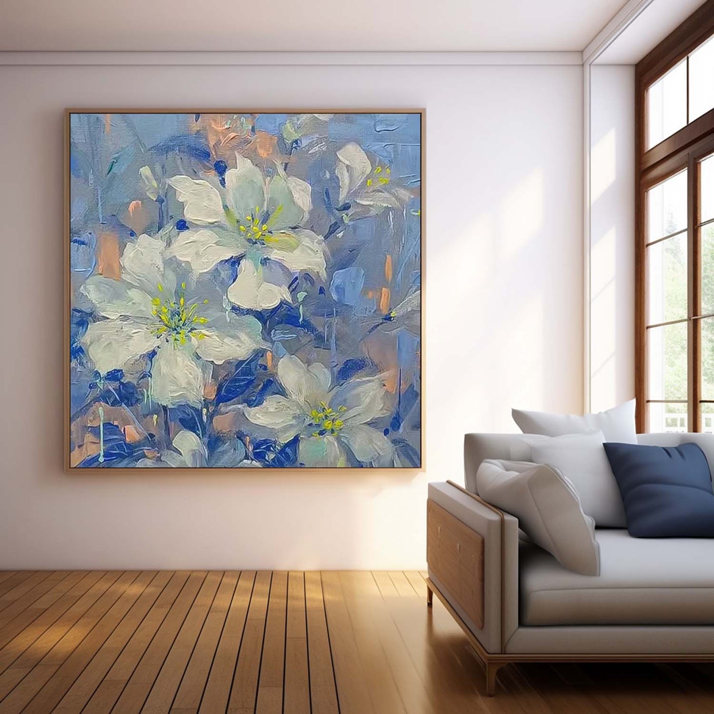 Elegant White Flower Oil Painting with Blue Background for Home Décor