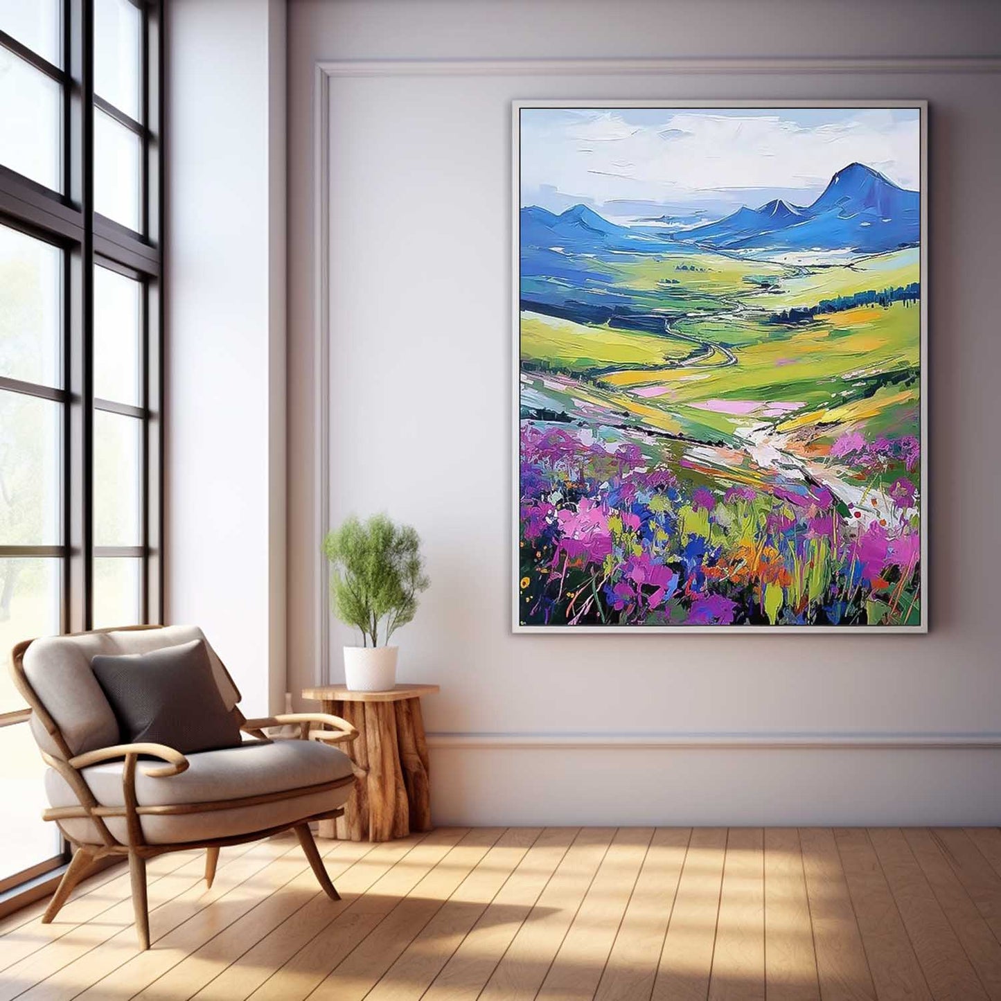 Vibrant Landscape Oil Painting with Colorful Flowers and Scenic Hillside View