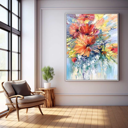 Vibrant Floral Explosion: Colorful Oil Painting for Home Décor and Art Lovers