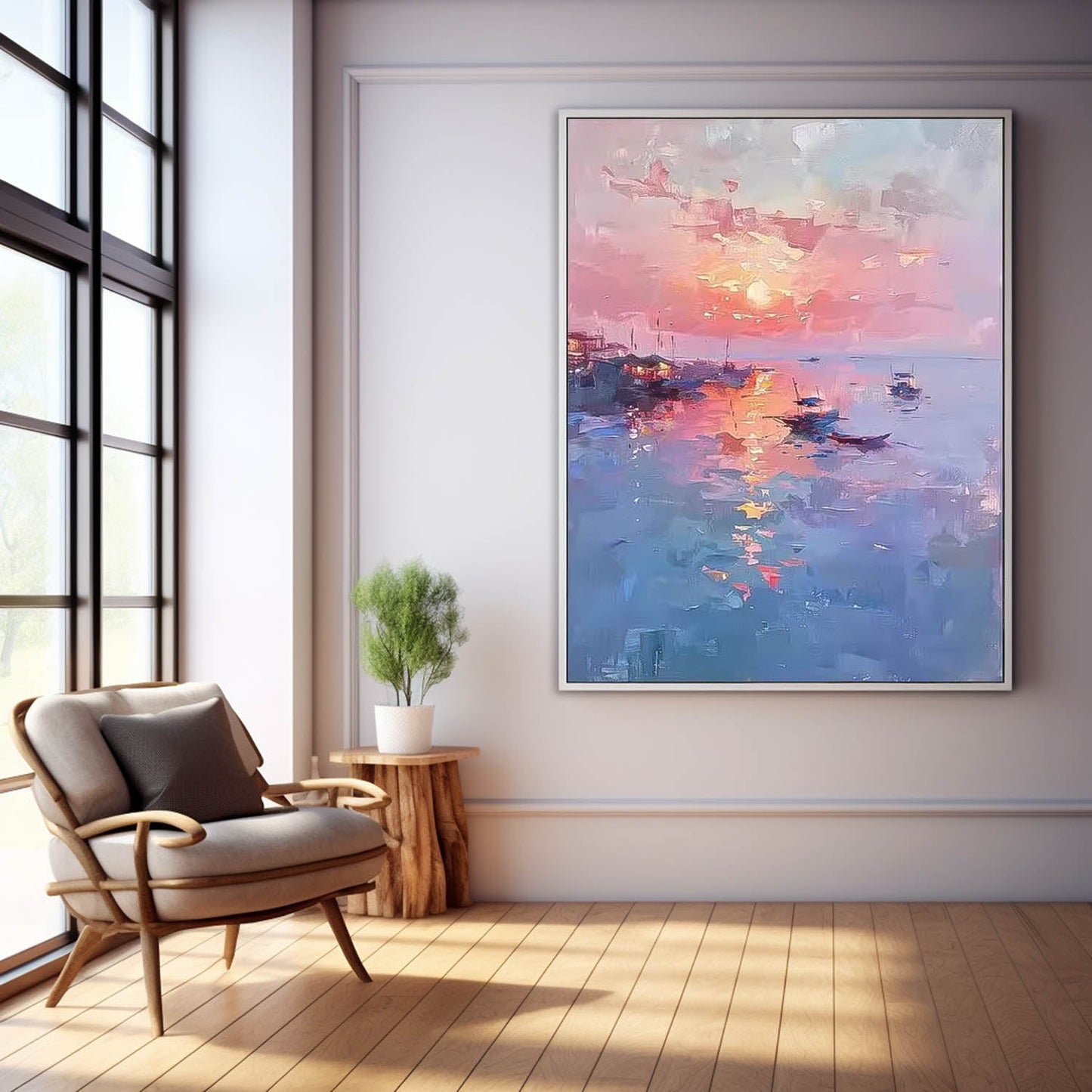 Serene Sunset Seascape Oil Painting with Boats and Reflective Water