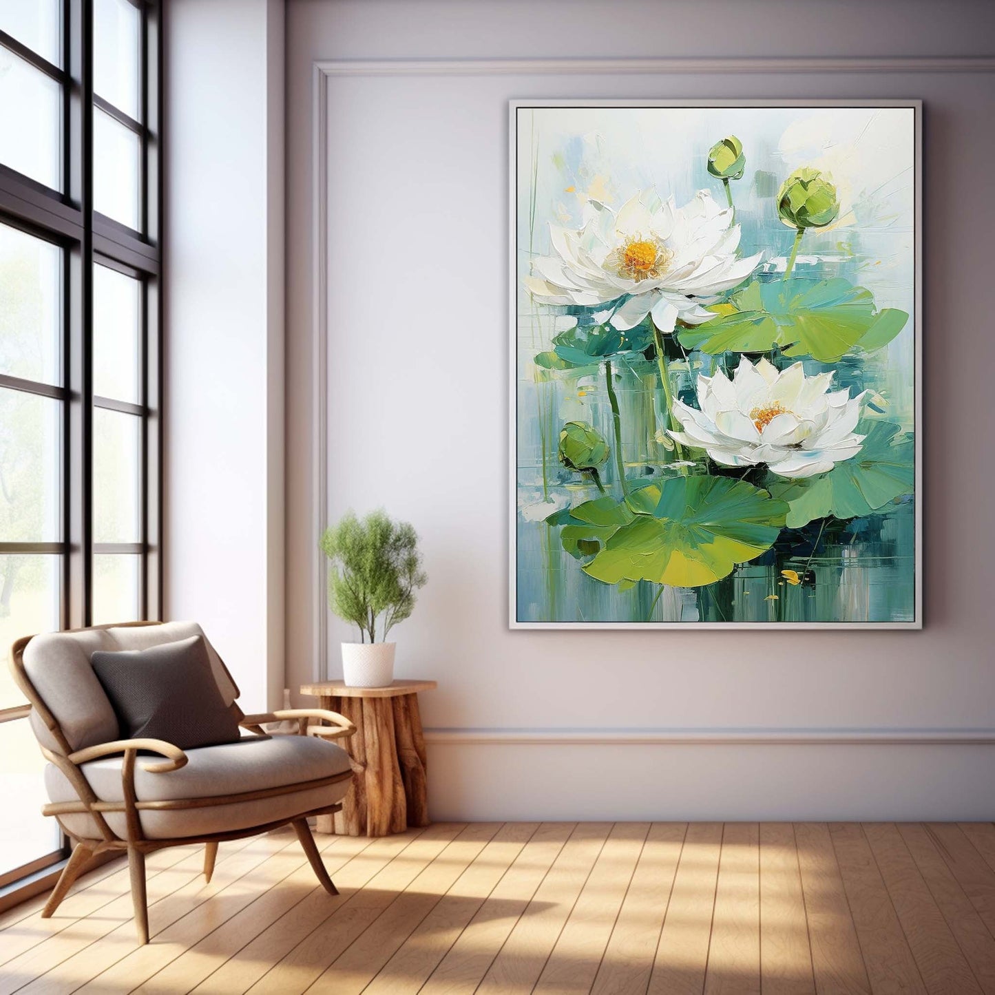 Lush White Lotus Flowers on Serene Water Lily Pond - Vibrant Oil Painting Decor