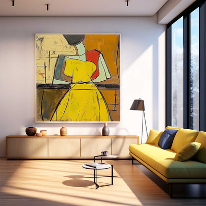 Colorful Abstract Oil Painting of a Woman in Yellow Dress - Modern Canvas Art