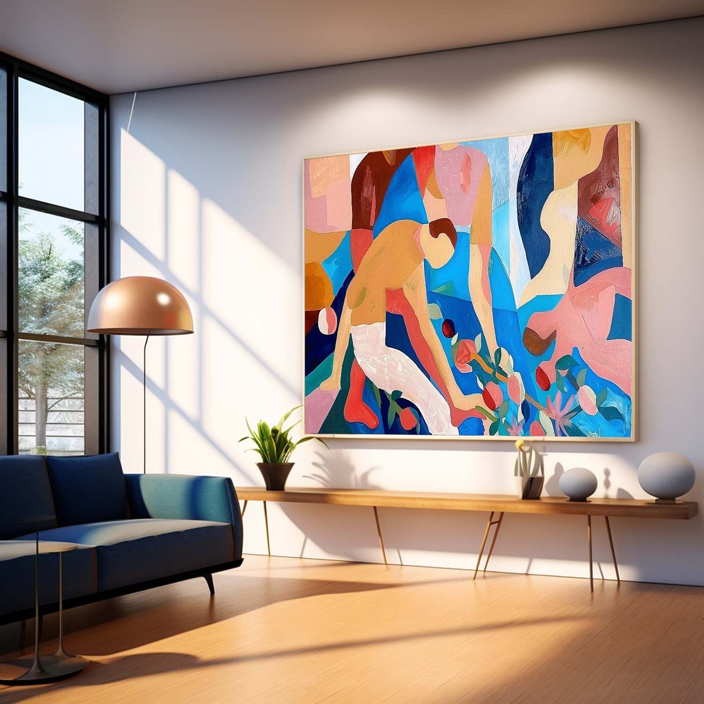 Vibrant Abstract Oil Painting with Colorful Figures and Floral Elements