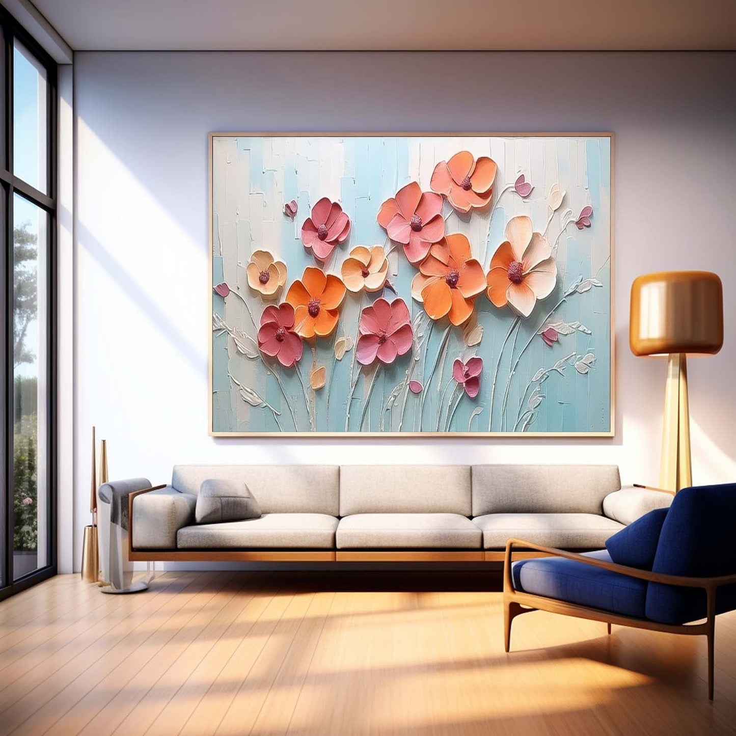 Vibrant Floral Oil Painting with Textured Blossoms on Light Blue Background