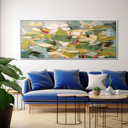 Vibrant Floral Oil Painting with Lush Greenery and Textured Blossoms