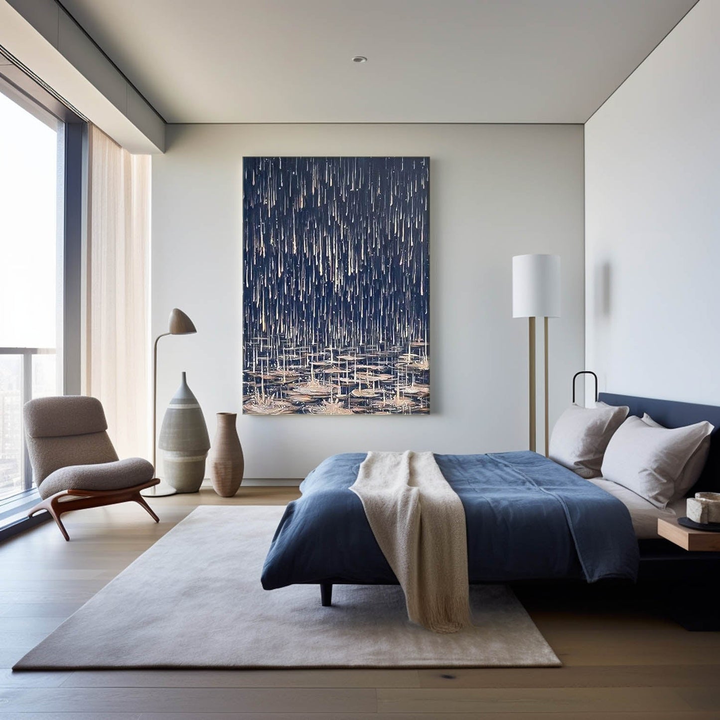 Modern Abstract Oil Painting with Water Lilies and Dark Melancholic Rain