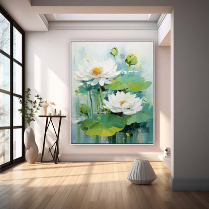 Lush White Lotus Flowers on Serene Water Lily Pond - Vibrant Oil Painting Decor