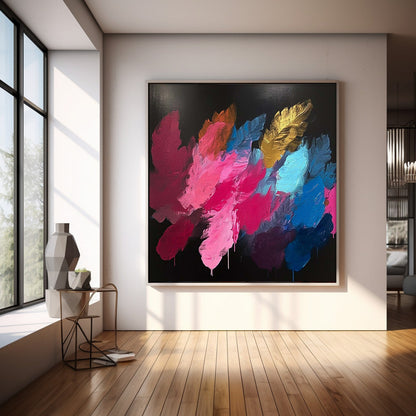 Vibrant Abstract Oil Painting with Colorful Floral Brushstrokes on Black Canvas