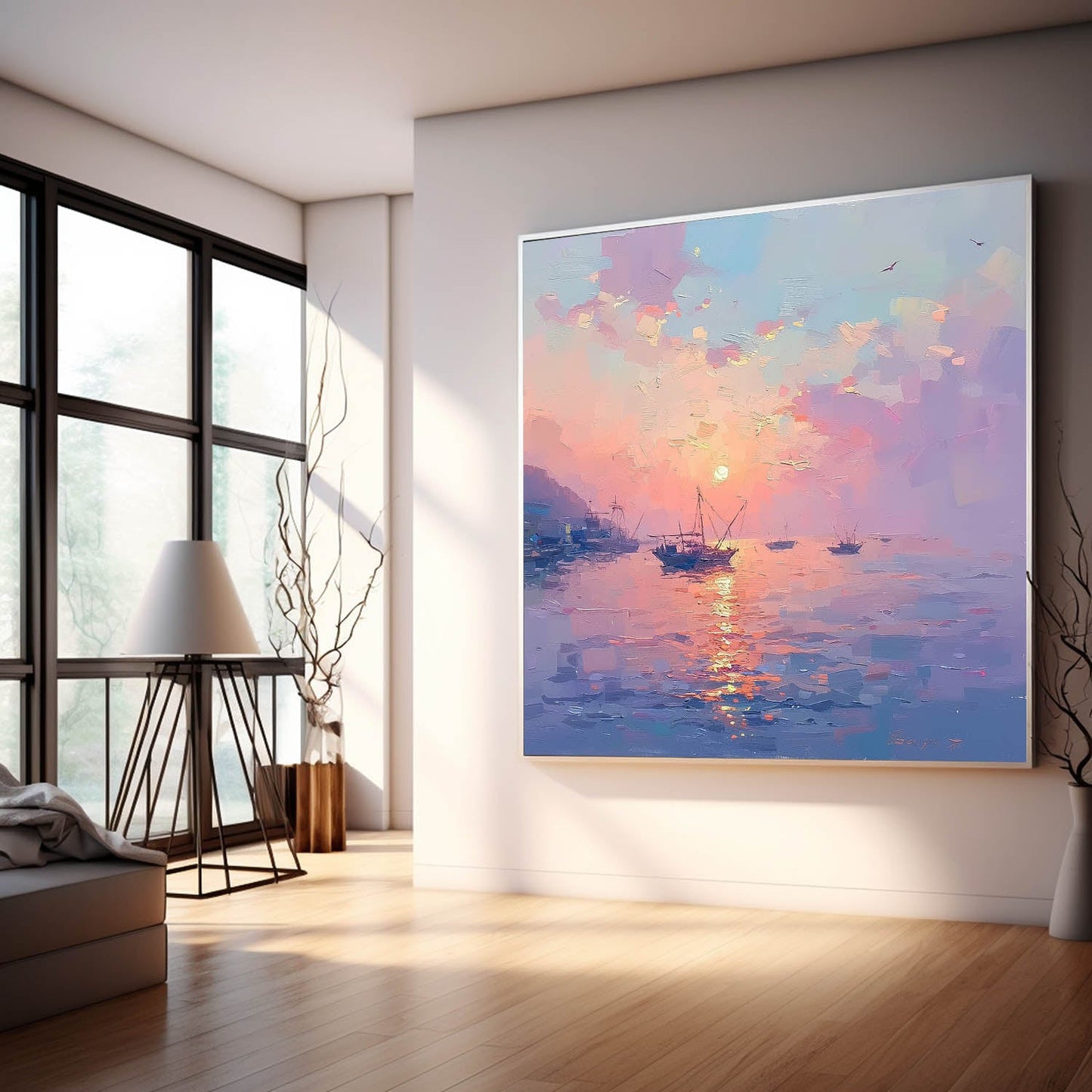 Majestic Sunset Over Tranquil Waters - Serene Oil Painting for Home Decor