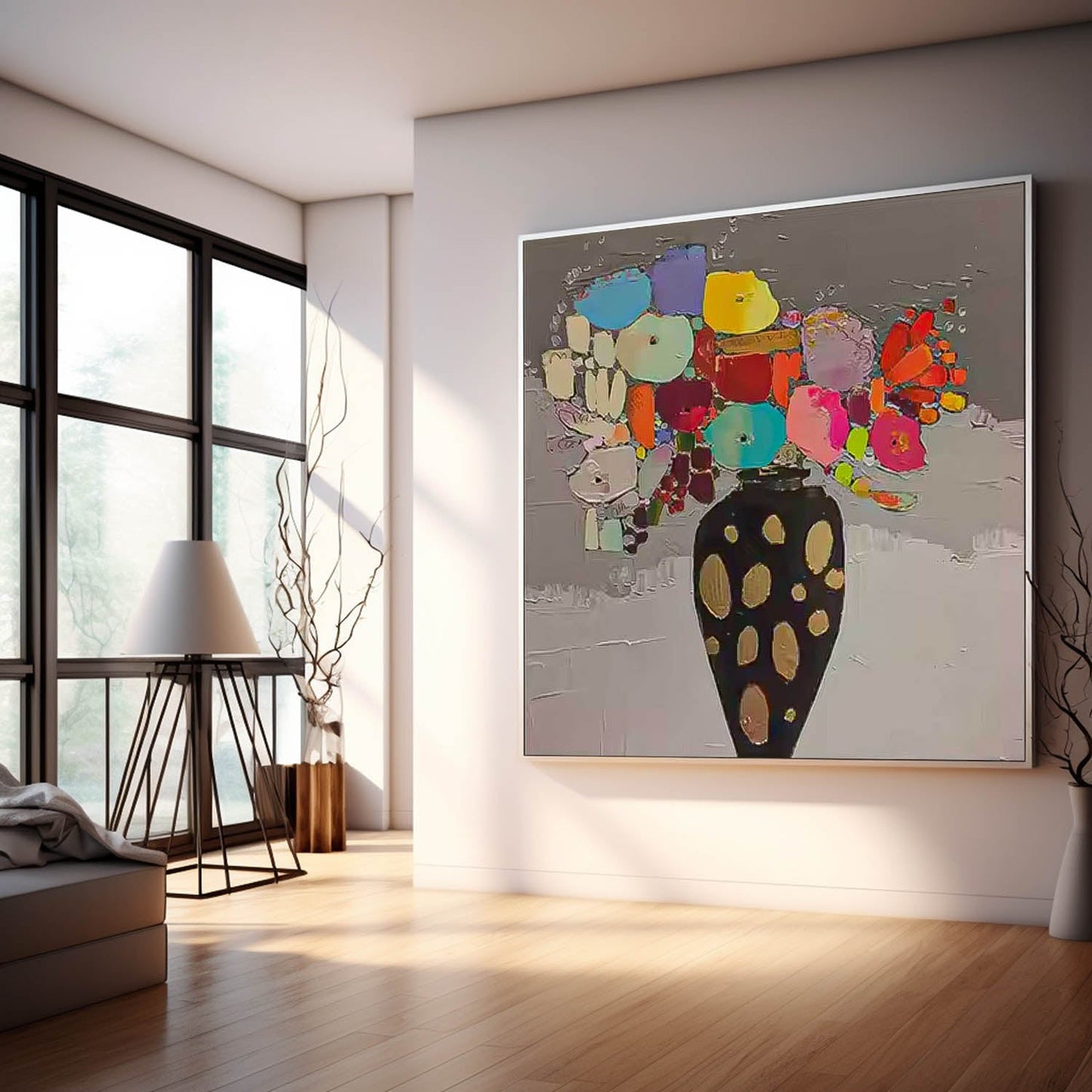 Vibrant Floral Still Life Oil Painting in Elegant Black Vase for Home Decor