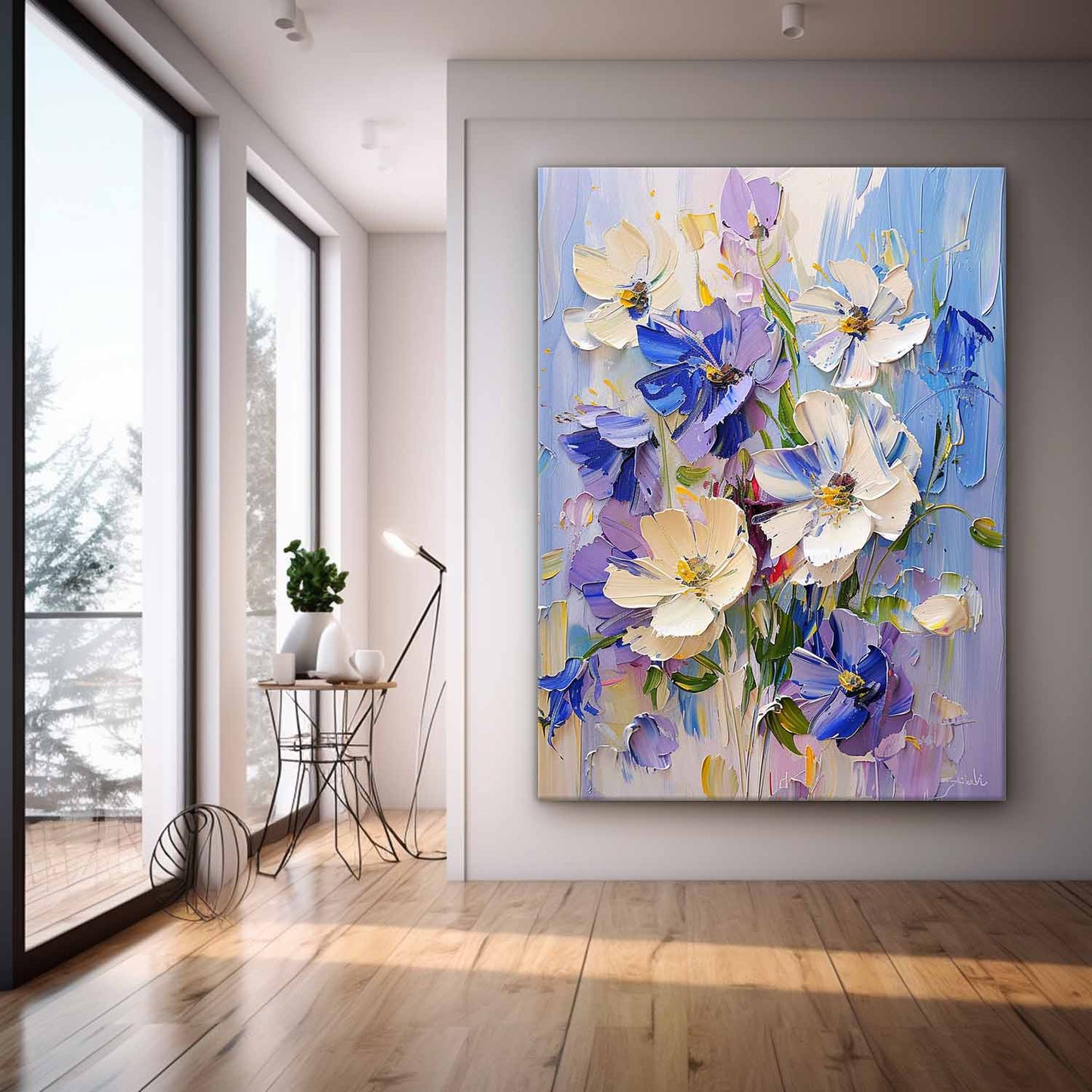 Vibrant Floral Oil Painting - Beautiful Blue and White Flower Art for Home Decor