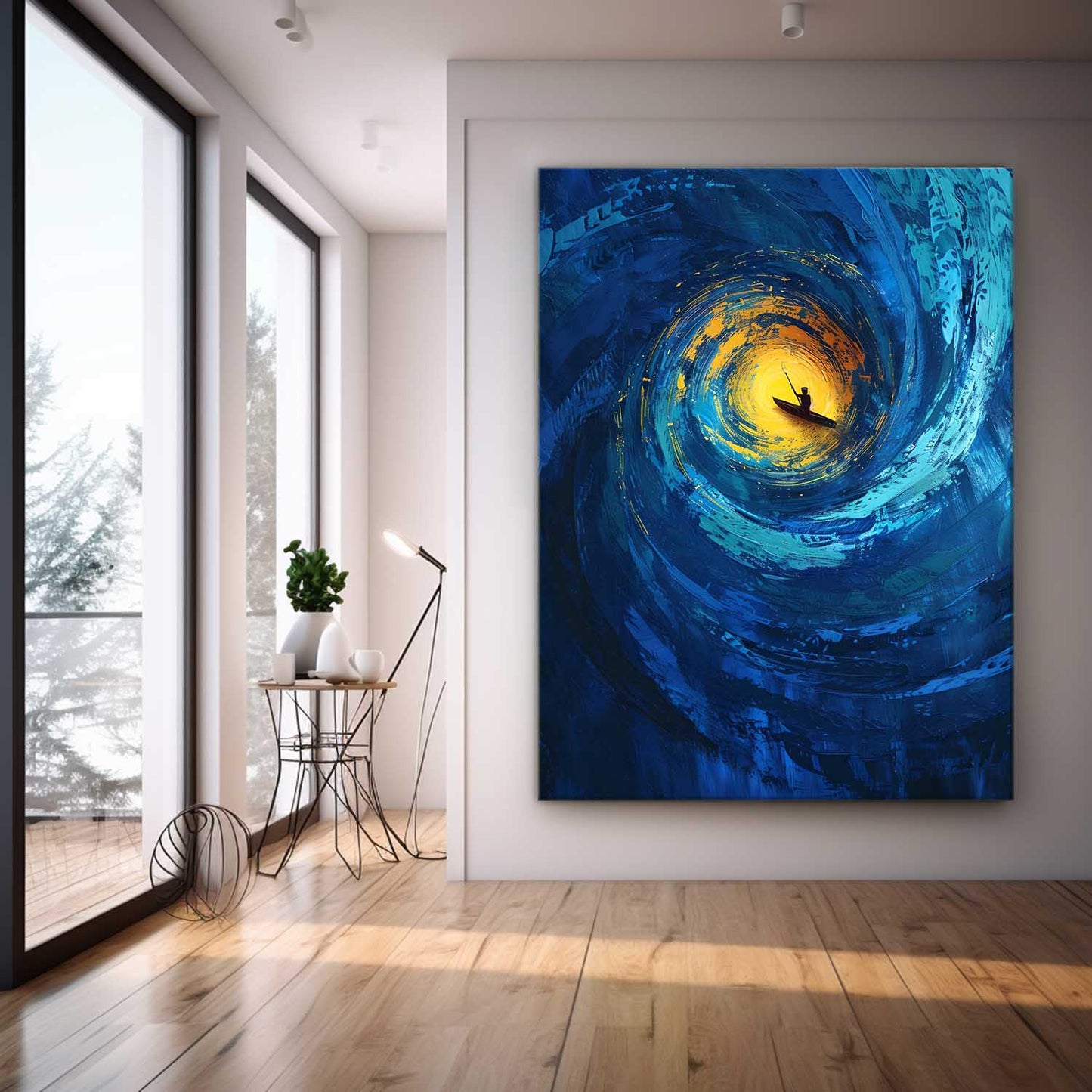 Serene Ocean Swirl: Vibrant Canvas Art of a Kayaker in Tranquil Waters