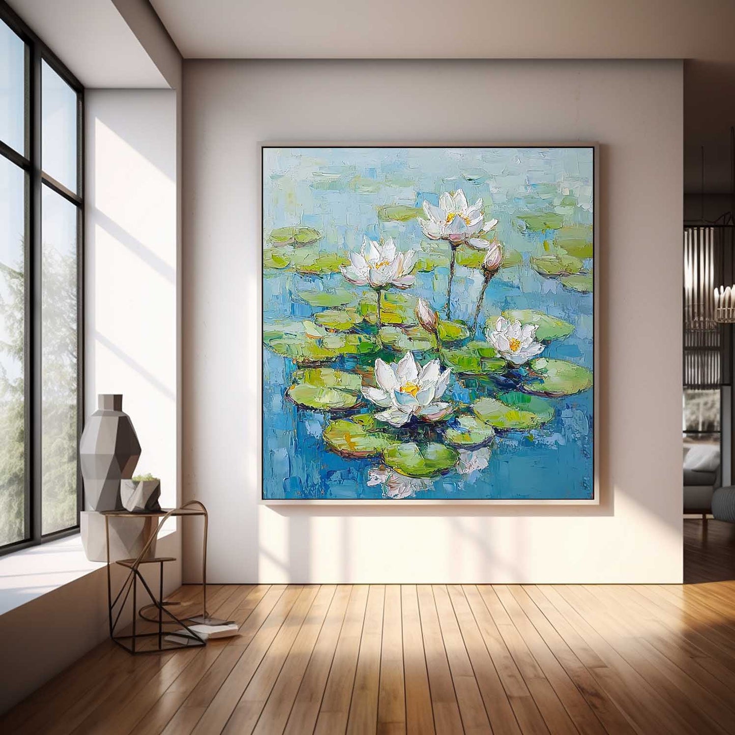 Serene Lotus Flowers Oil Painting on Canvas for Tranquil Home Decor