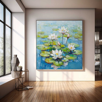 Serene Lotus Flowers Oil Painting on Canvas for Tranquil Home Decor