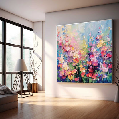 Vibrant Floral Oil Painting with Colorful Blooms and Lush Garden Background