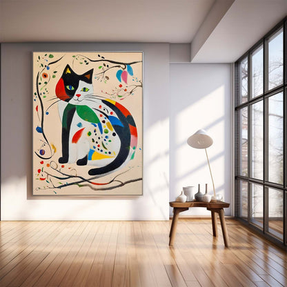 Whimsical Cat Oil Painting with Colorful Abstract Floral Accents