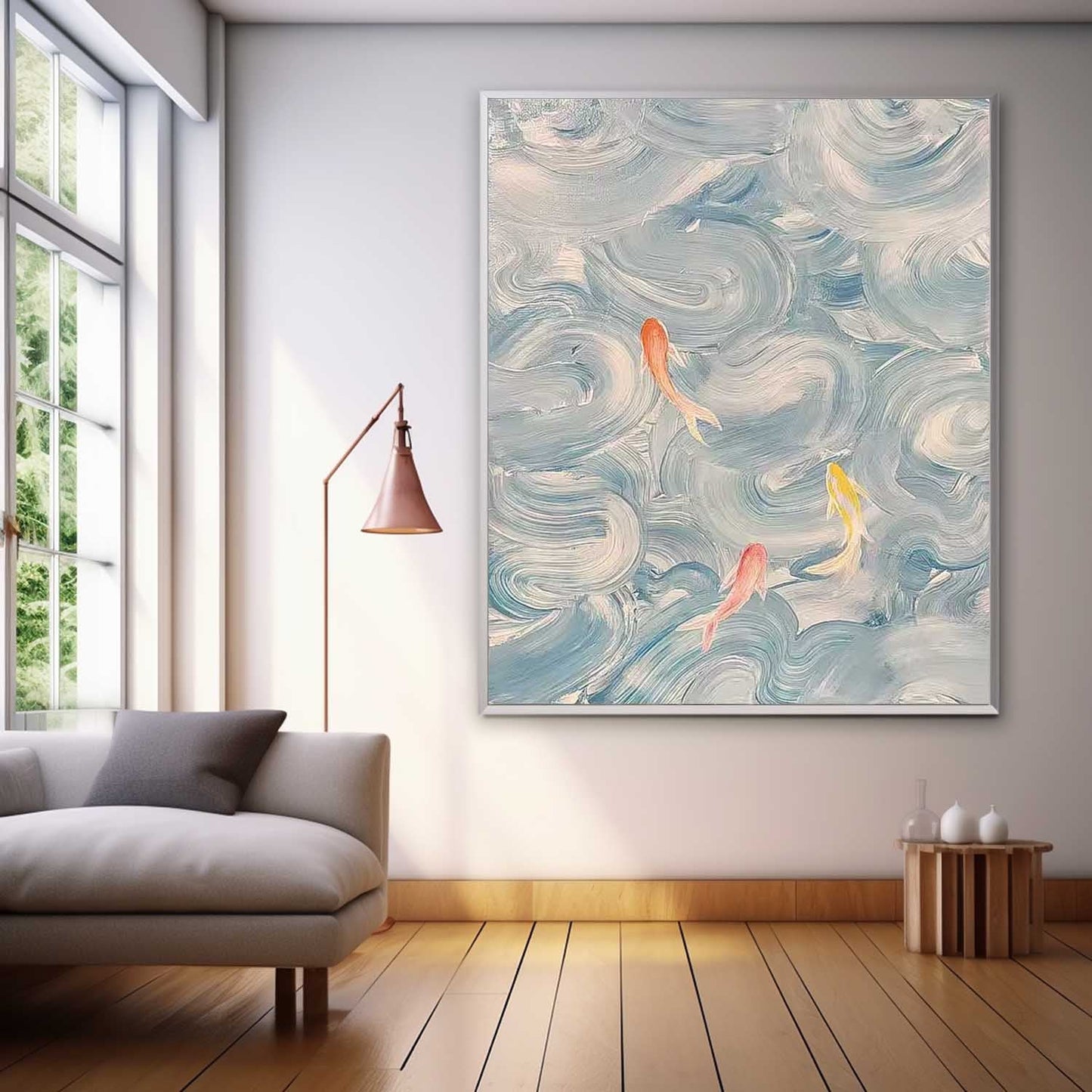Tranquil Abstract Oil Painting with Colorful Fish in Flowing Waves