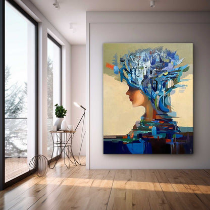 Abstract Woman's Profile Oil Painting with Vibrant Colors and Artistic Flair