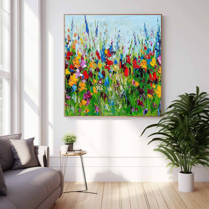 Vibrant Floral Oil Painting - Colorful Flower Garden Canvas Art for Home Decor