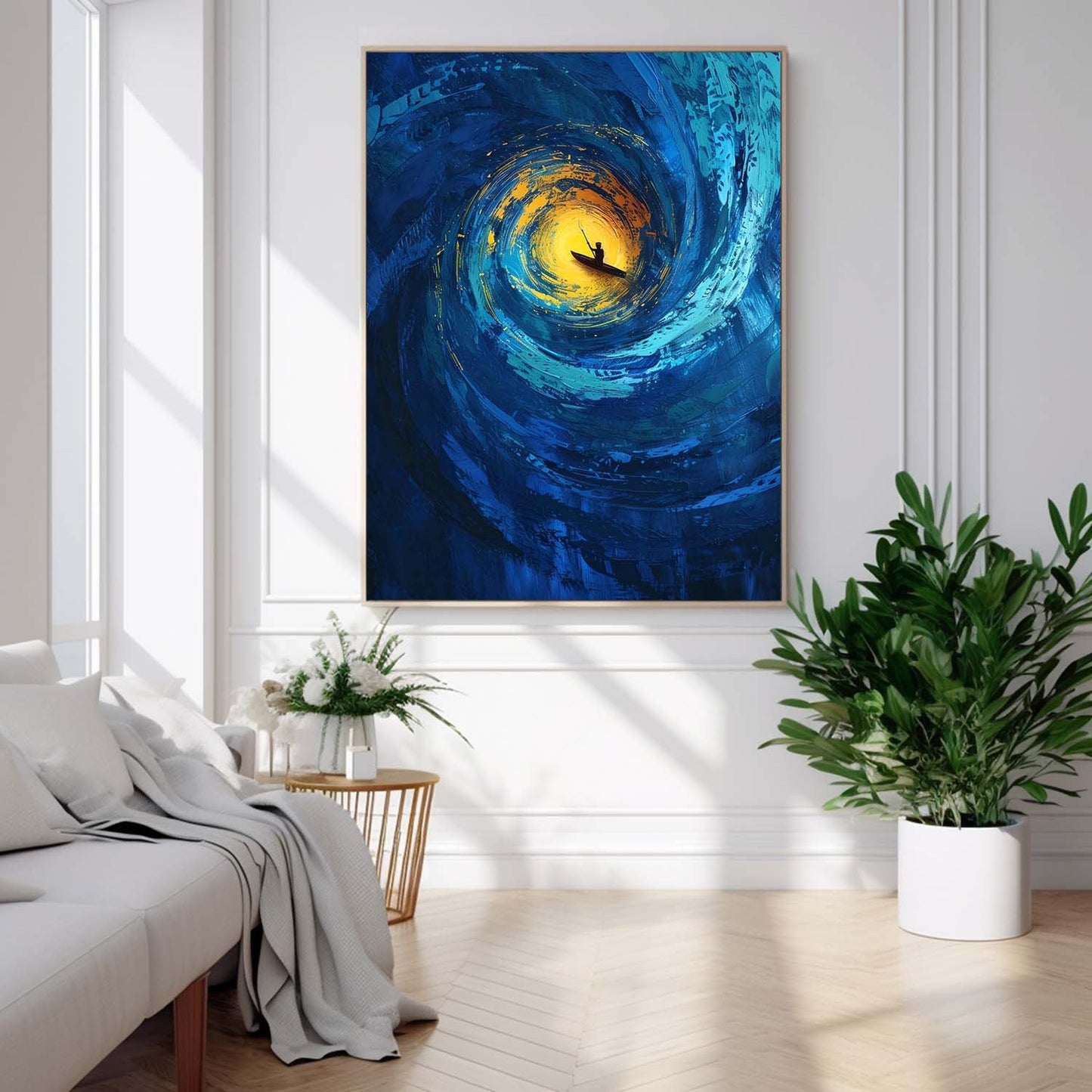 Serene Ocean Swirl: Vibrant Canvas Art of a Kayaker in Tranquil Waters