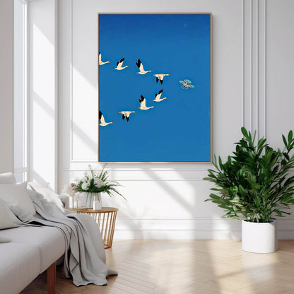 Elegant Minimalist Oil Painting of Geese in Flight against Vibrant Blue Sky