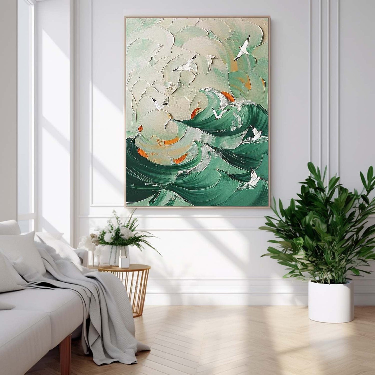 Serene Ocean Waves Oil Painting with Seagulls - Coastal Beach Art for Home Decor