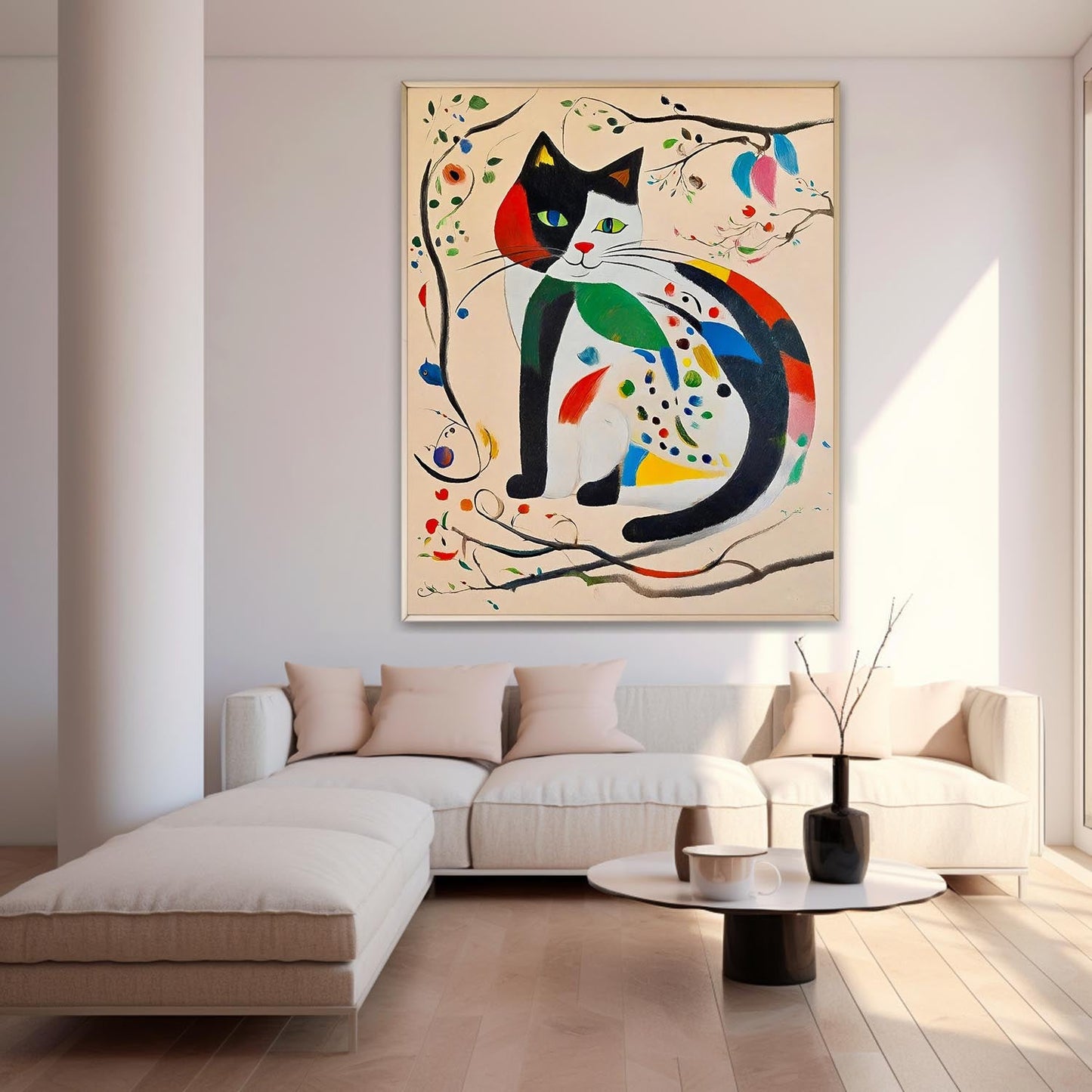 Whimsical Cat Oil Painting with Colorful Abstract Floral Accents