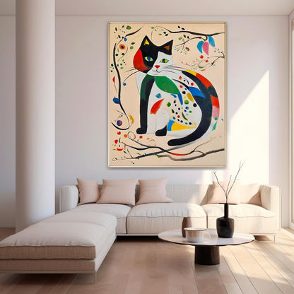 Whimsical Cat Oil Painting with Colorful Abstract Floral Accents