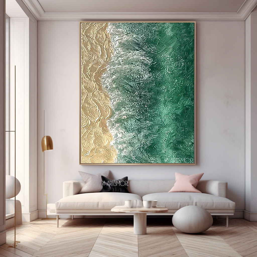 Serene Beach and Ocean Waves Oil Painting for Coastal Decor