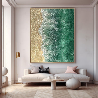 Serene Beach and Ocean Waves Oil Painting for Coastal Decor