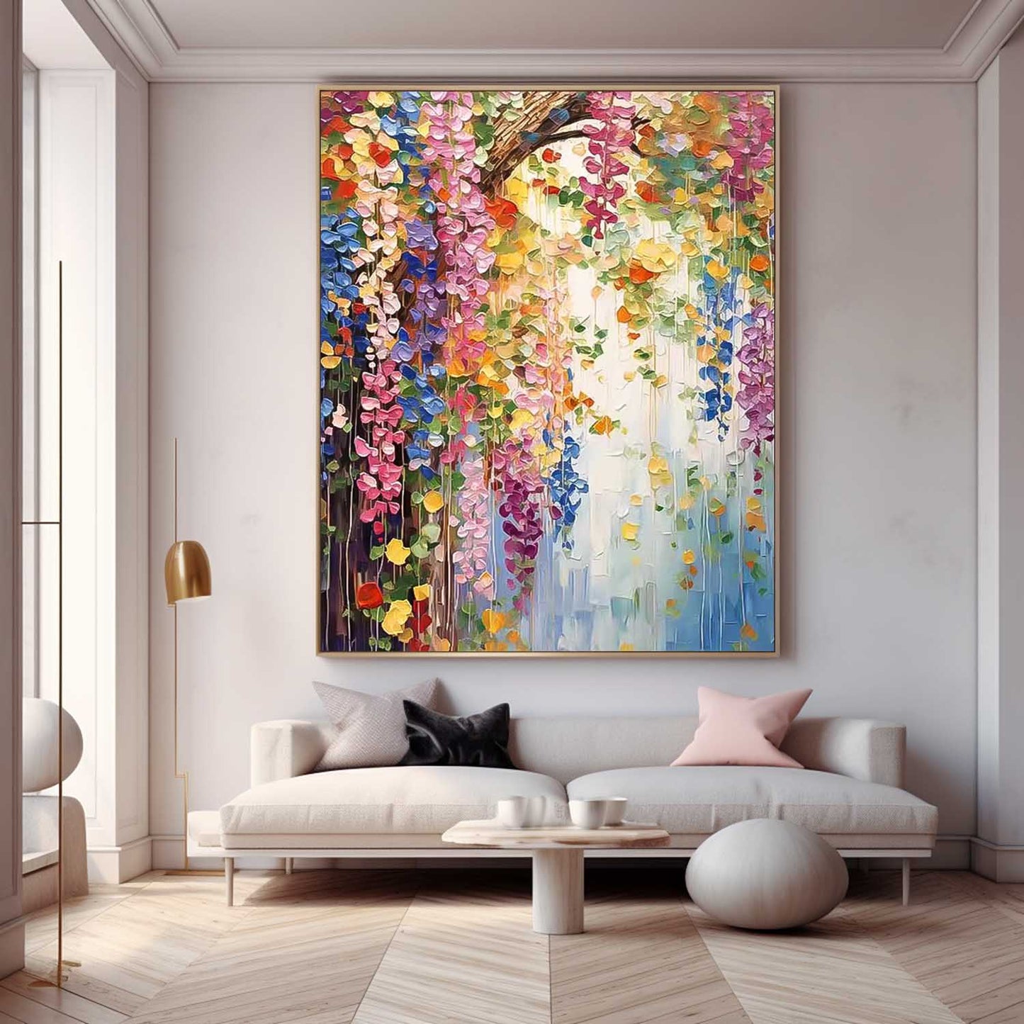 Vibrant Floral Oil Painting with Colorful Blooms and Lush Greenery