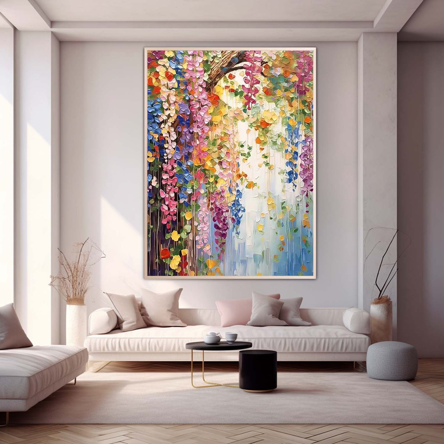 Vibrant Floral Oil Painting with Colorful Blooms and Lush Greenery