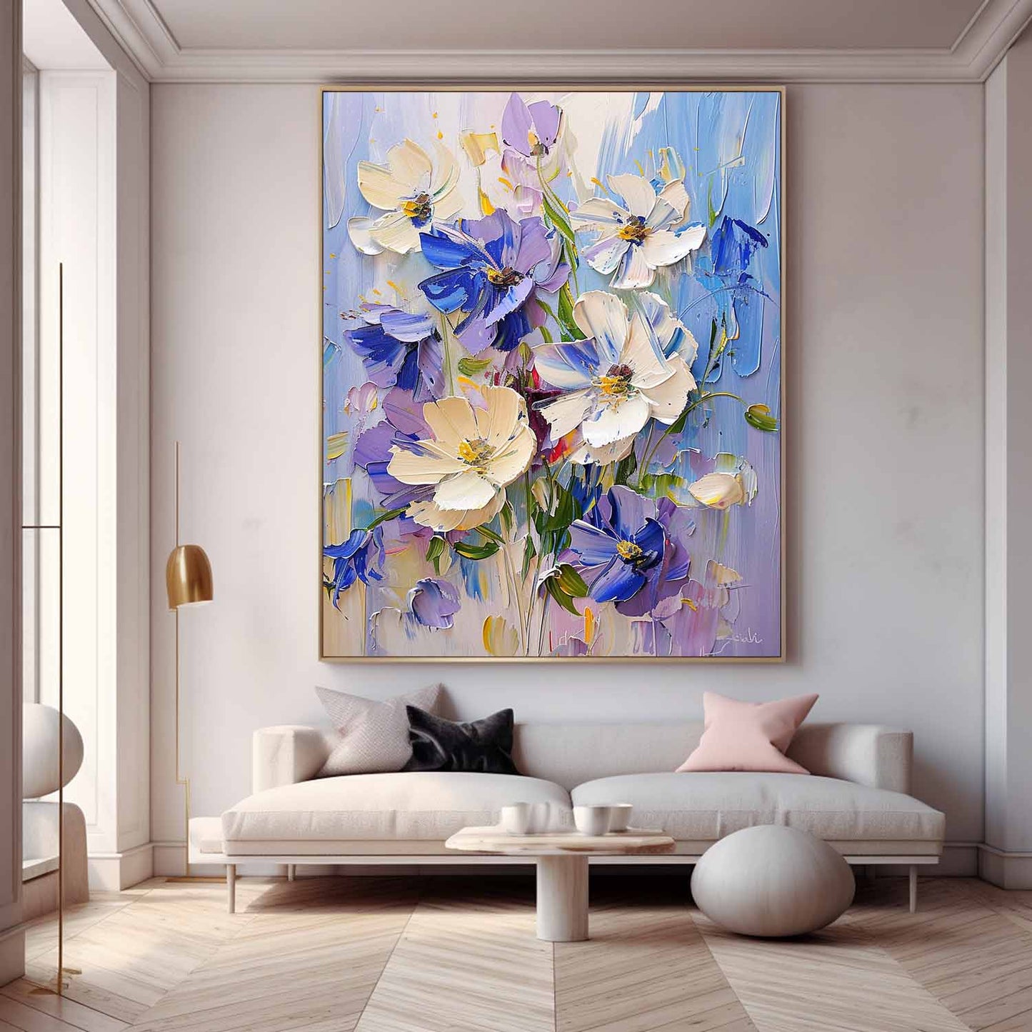 Vibrant Floral Oil Painting - Beautiful Blue and White Flower Art for Home Decor