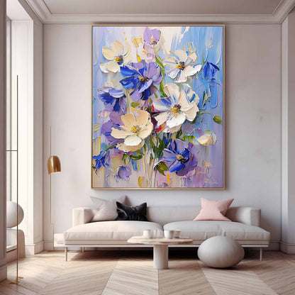 Vibrant Floral Oil Painting - Beautiful Blue and White Flower Art for Home Decor
