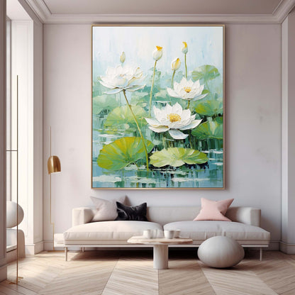 Lotus Blossom Oil Painting on Canvas - Tranquil Floral Art for Home Decor