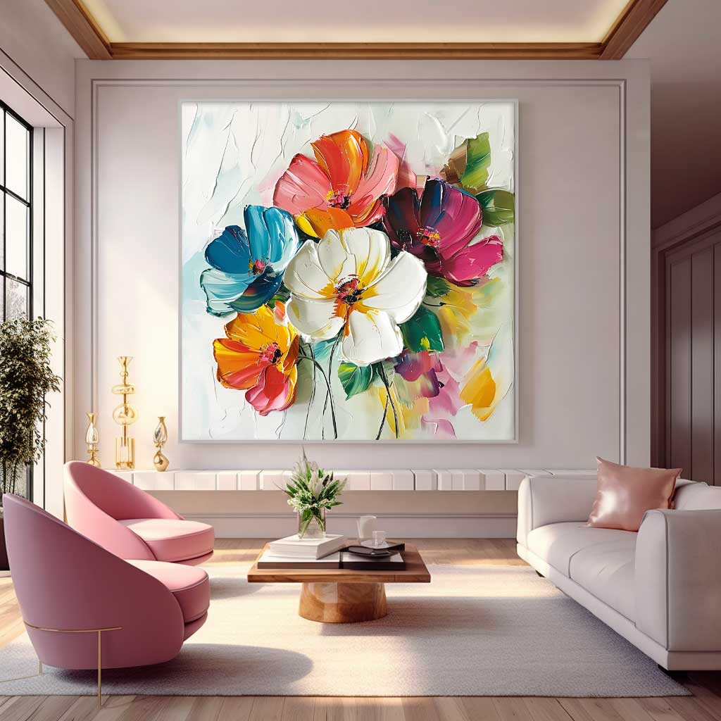 Vibrant Floral Oil Painting – Colorful Blossom Canvas Art for Home Decor