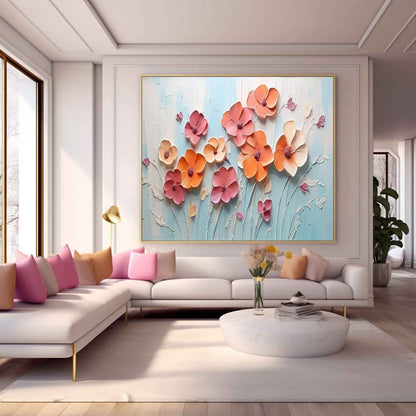 Vibrant Floral Oil Painting with Textured Blossoms on Light Blue Background