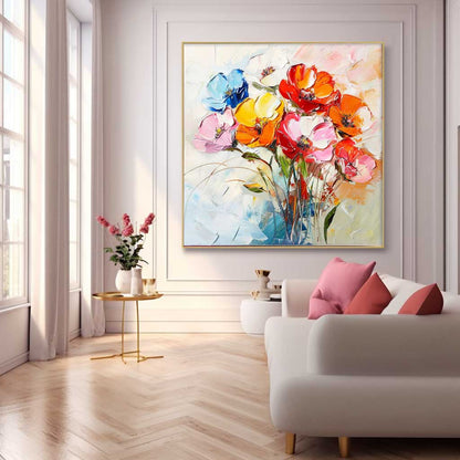 Vibrant Colorful Flower Bouquet Oil Painting for Home Decor and Art Lovers