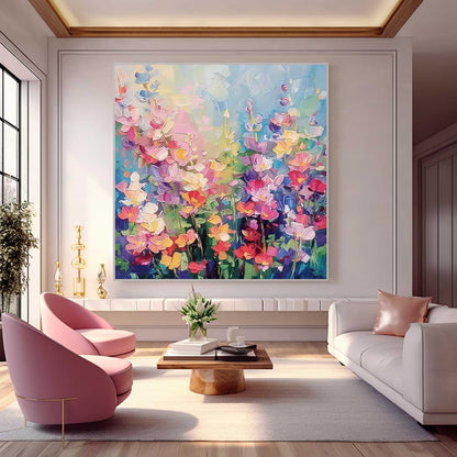Vibrant Floral Oil Painting with Colorful Blooms and Lush Garden Background