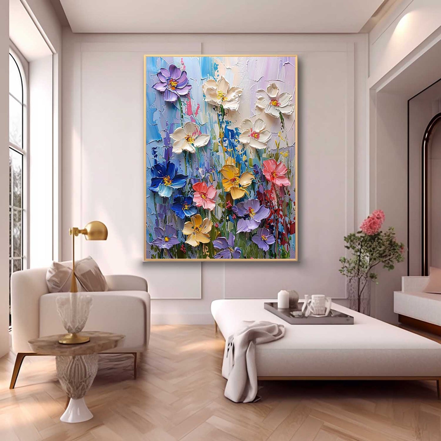 Vibrant Floral Oil Painting for Home Decor | Colorful Blooming Canvas Artwork