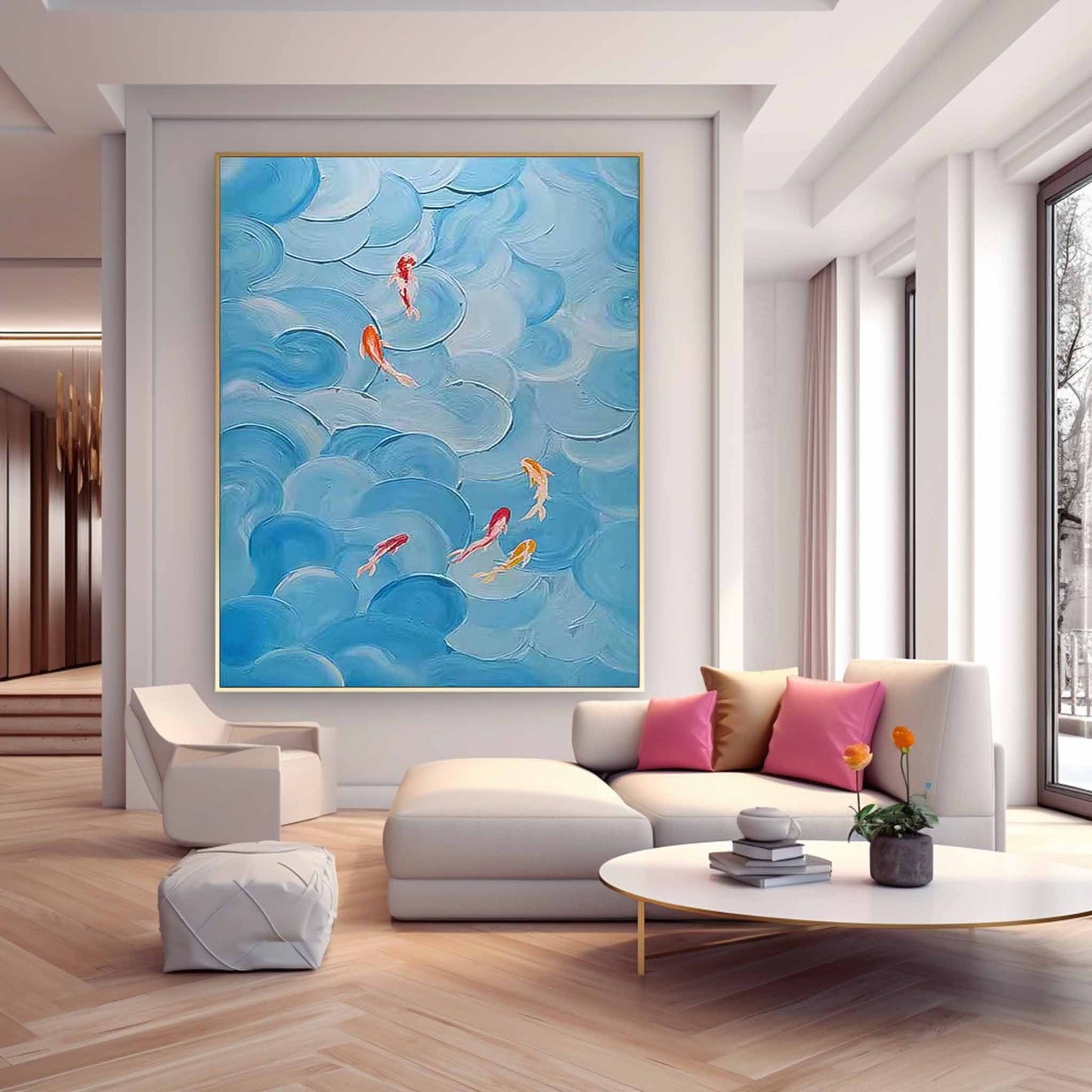 Whimsical Koi Fish Swimming in Teal Waves - Vibrant Abstract Oil Painting Art