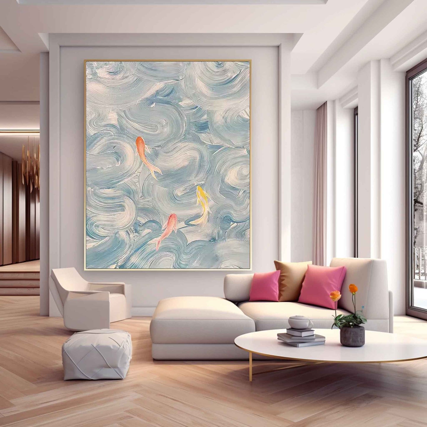 Tranquil Abstract Oil Painting with Colorful Fish in Flowing Waves