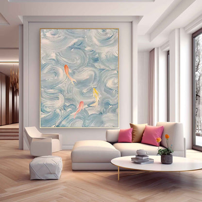 Tranquil Abstract Oil Painting with Colorful Fish in Flowing Waves