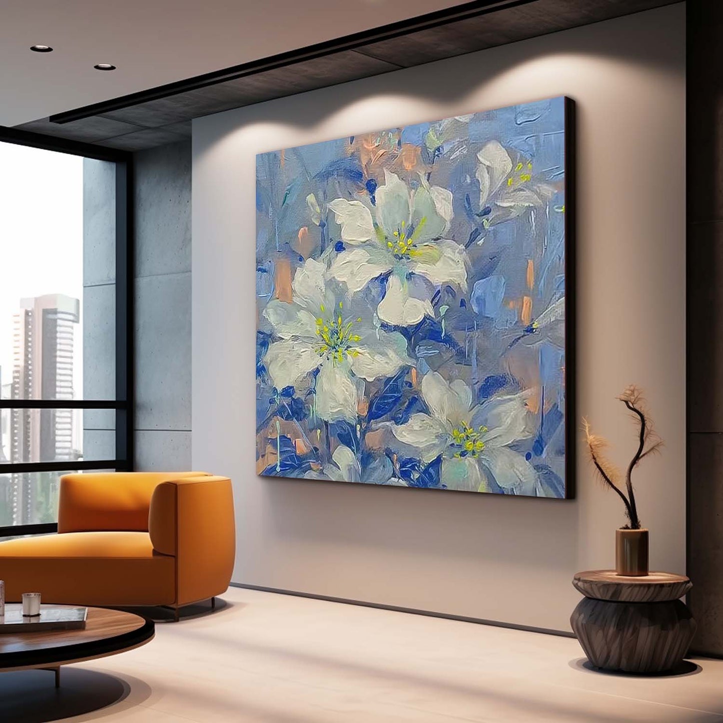 Elegant White Flower Oil Painting with Blue Background for Home Décor