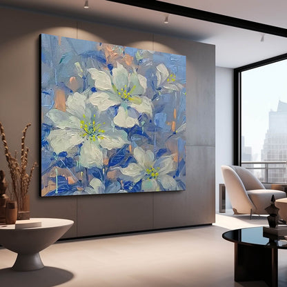 Elegant White Flower Oil Painting with Blue Background for Home Décor