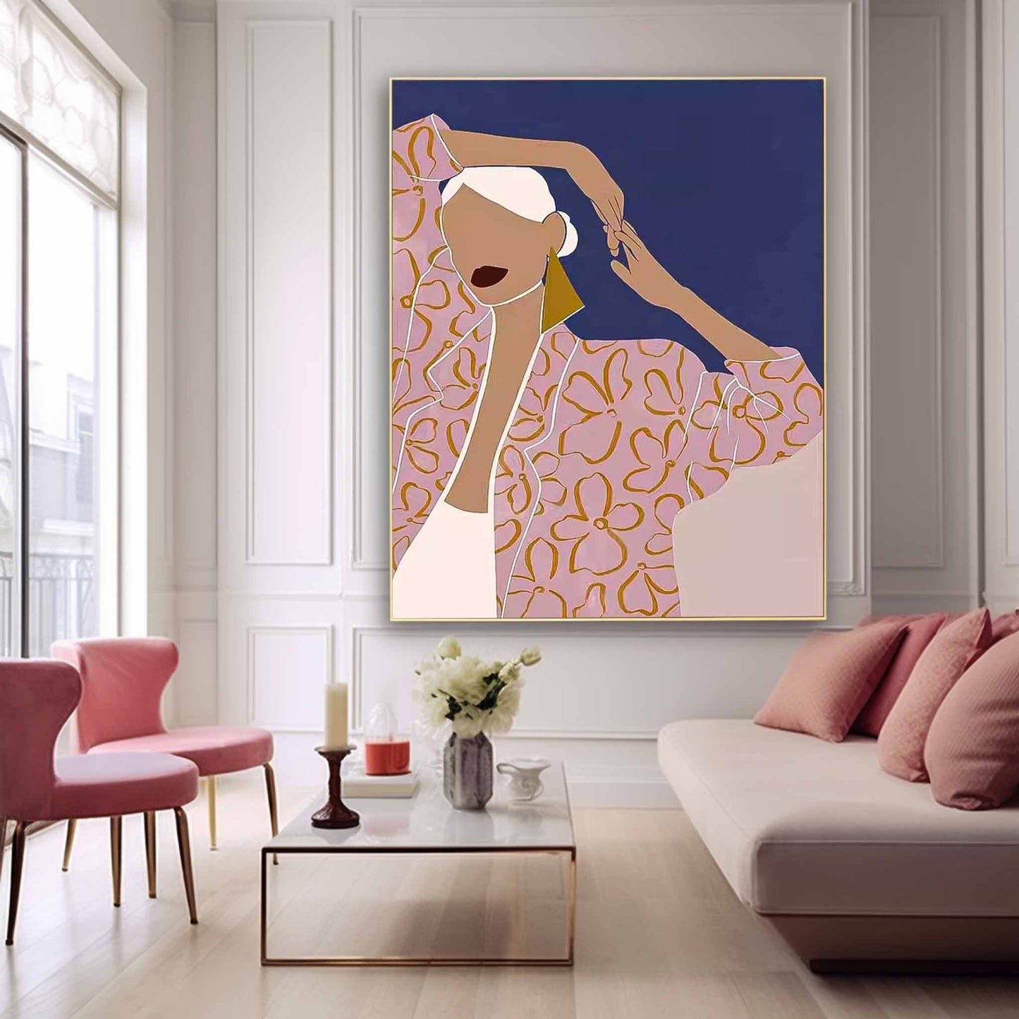 Stylish Woman in Floral Blouse - Contemporary Oil Painting for Elegant Decor
