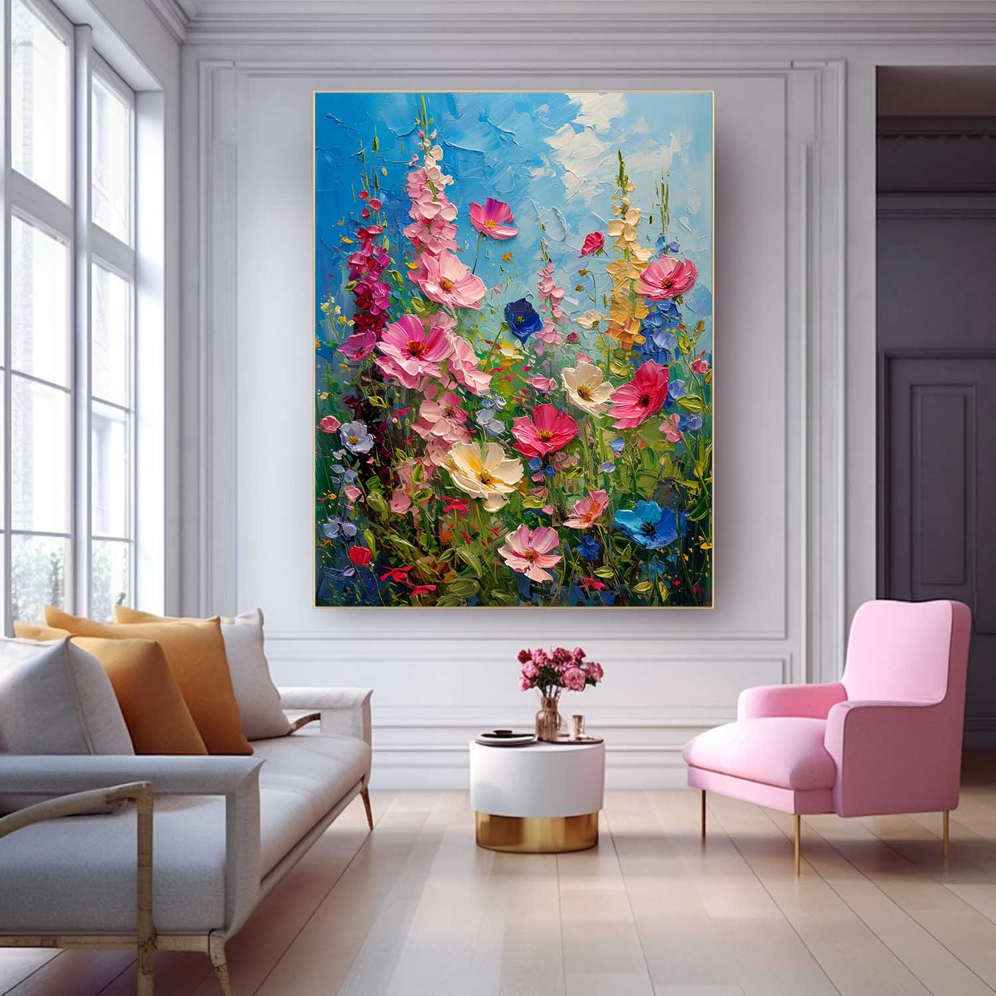 Vibrant Blooming Flower Field Oil Painting on Canvas for Home Decor