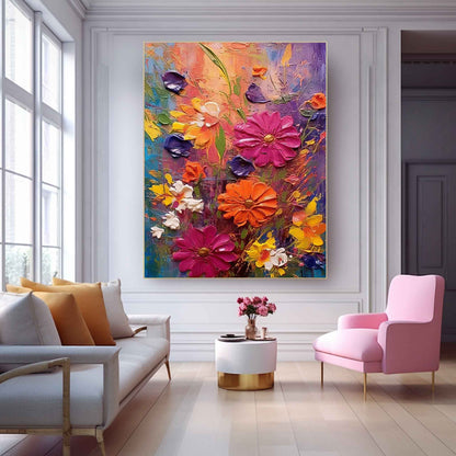 Vibrant Floral Oil Painting on Canvas - Colorful Nature Wall Art Decor