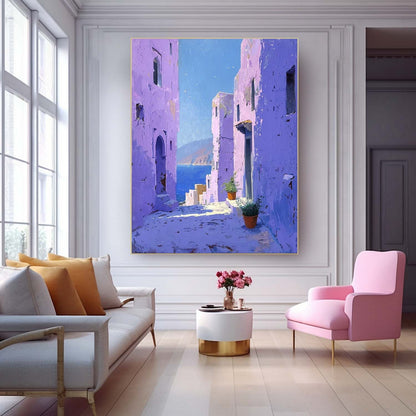 Vibrant Mediterranean Village: Stunning Oil Painting of Coastal Architecture